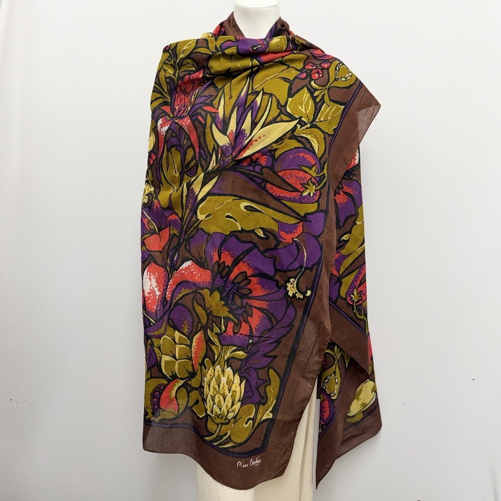 Vintage Pierre Cardin JUMBO Scarf Flowers & Fruit 59.5" x 45 3/8" Made in Italy